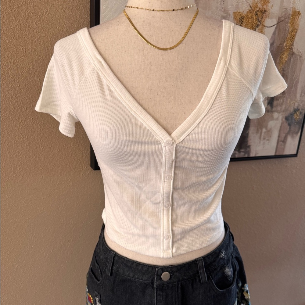 White Ribbed Button-Up Women's Top